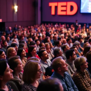 Audience engaged at TEDxSavannah 2025 with speakers on stage.