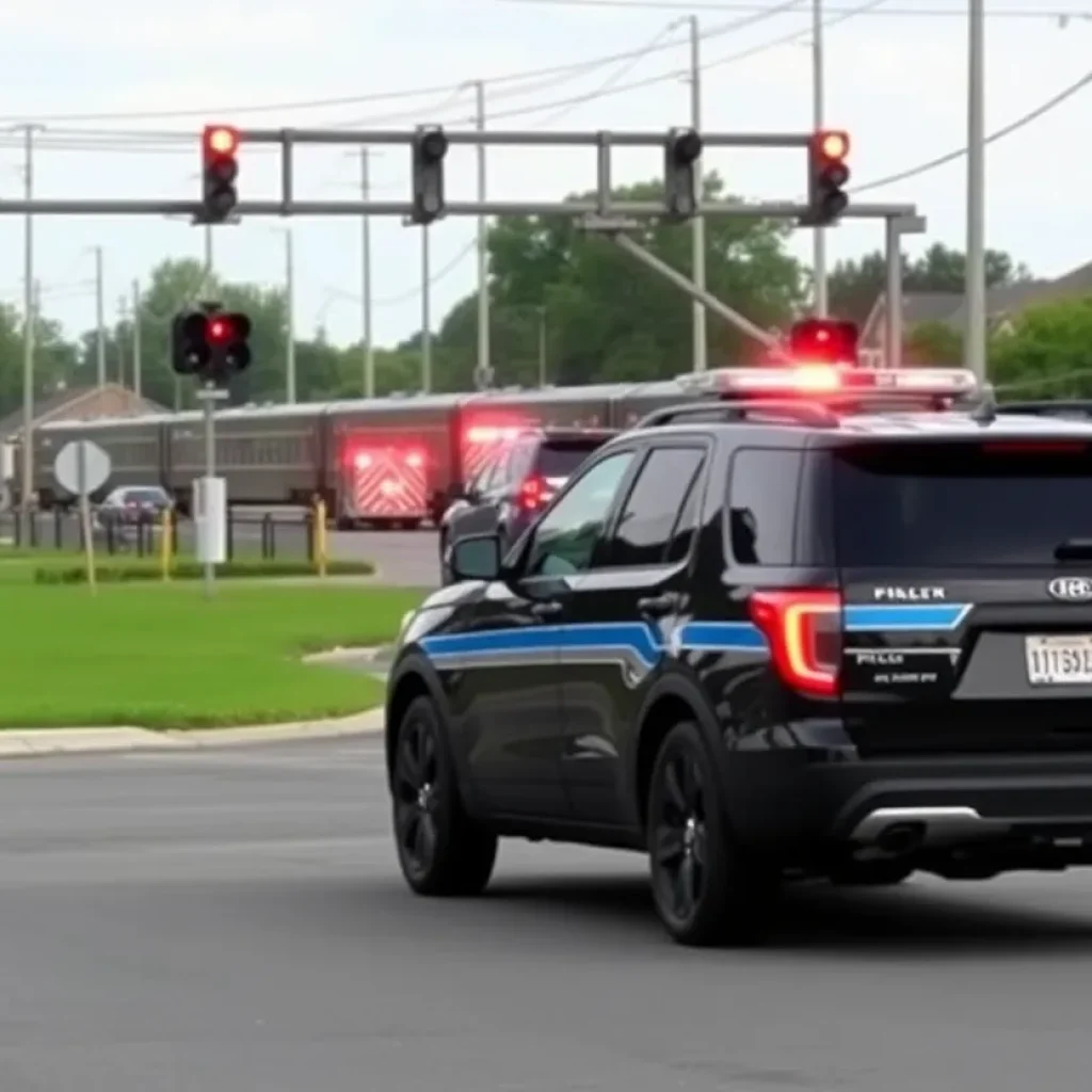 Emergency response vehicles at a train crossing after an SUV collision