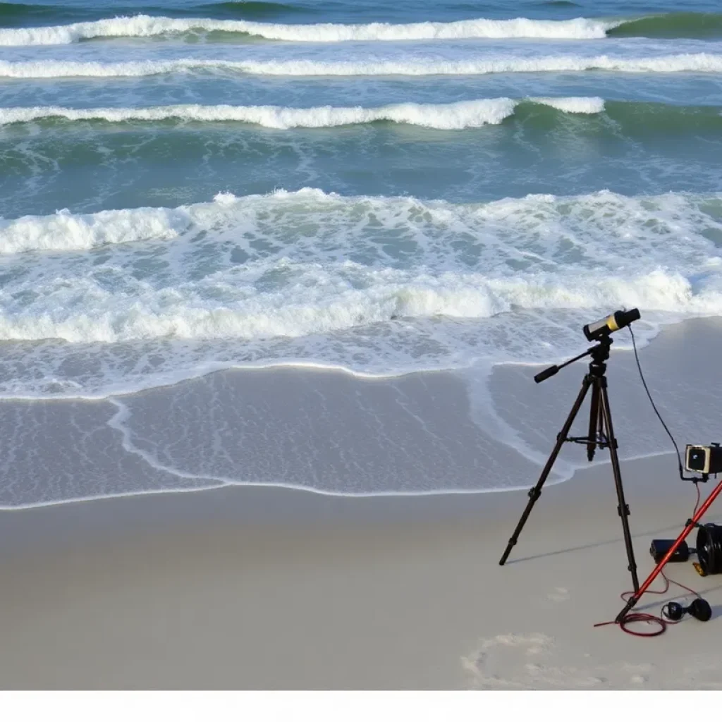 Research instruments on Tybee Island beach measuring wave impact.