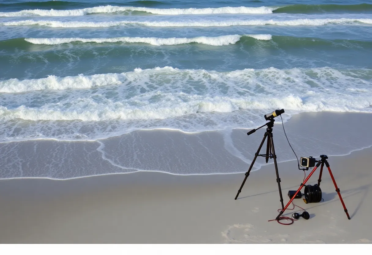 Research instruments on Tybee Island beach measuring wave impact.