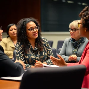 Women attending a city council meeting discussing municipal challenges.