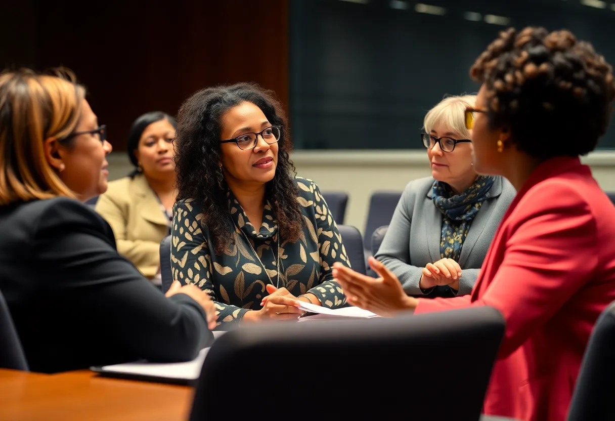 Women attending a city council meeting discussing municipal challenges.