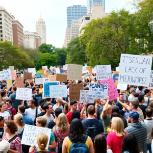 Crowd of protestors at Atlanta rally holding signs