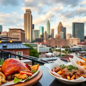 An eclectic mix of dishes representing Atlanta's diverse food scene, featuring classic comfort foods and modern healthy options.