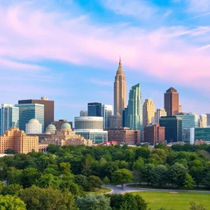 A skyline view of Atlanta showcasing modern architecture and greenery.