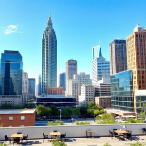 Cityscape of Atlanta with entrepreneurs working in coworking spaces