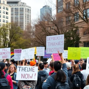 Protesters in Atlanta holding colorful signs during a demonstration