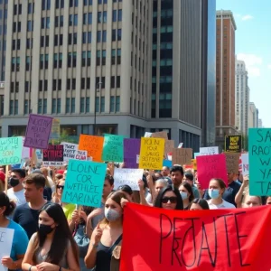 Crowd of protesters in Atlanta holding banners and signs.