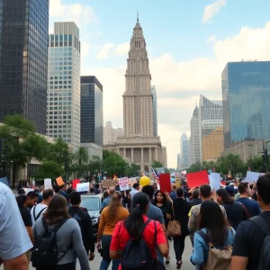 Cityscape of Atlanta with protestors discussing economic tariffs