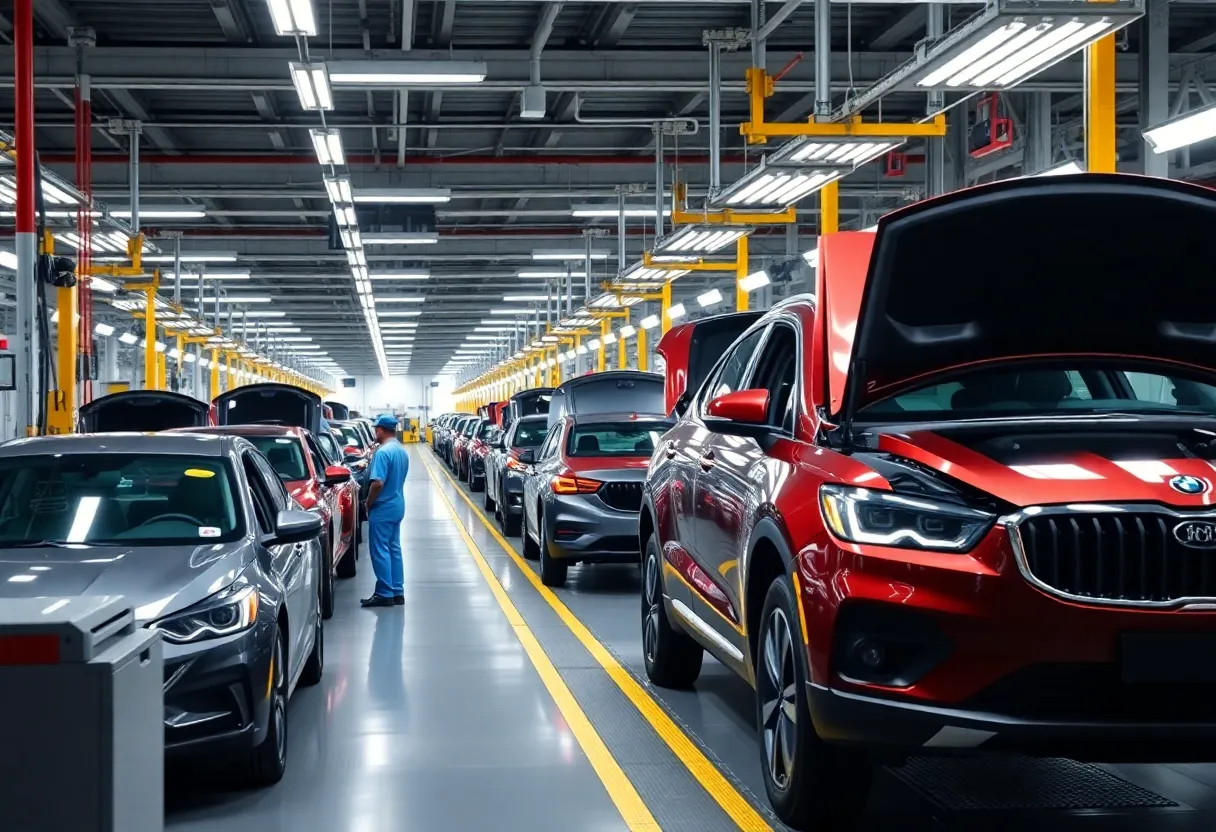 Workers assembling vehicles in a modern automotive factory