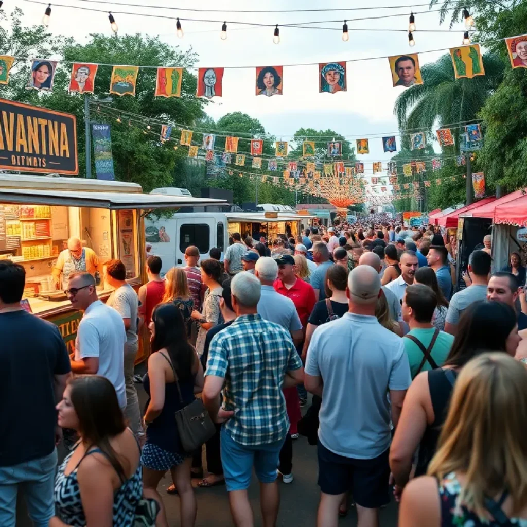 Attendees enjoying the Best of Savannah Party with food trucks and live music.
