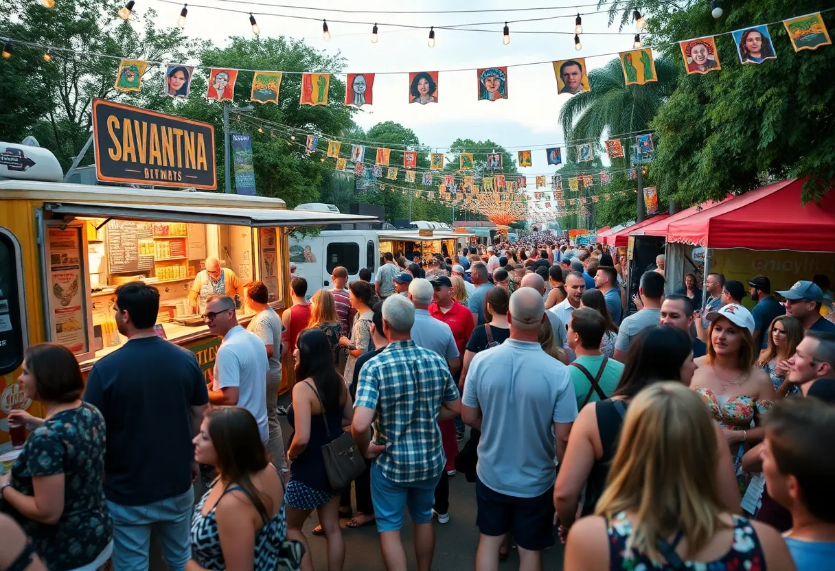 Attendees enjoying the Best of Savannah Party with food trucks and live music.