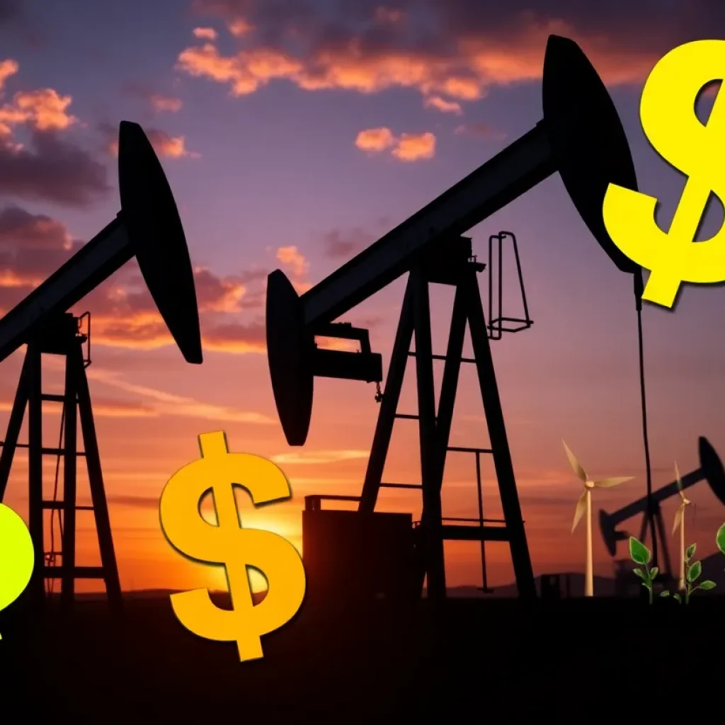 Illustration depicting the financial challenges of BP with oil wells and green energy elements.