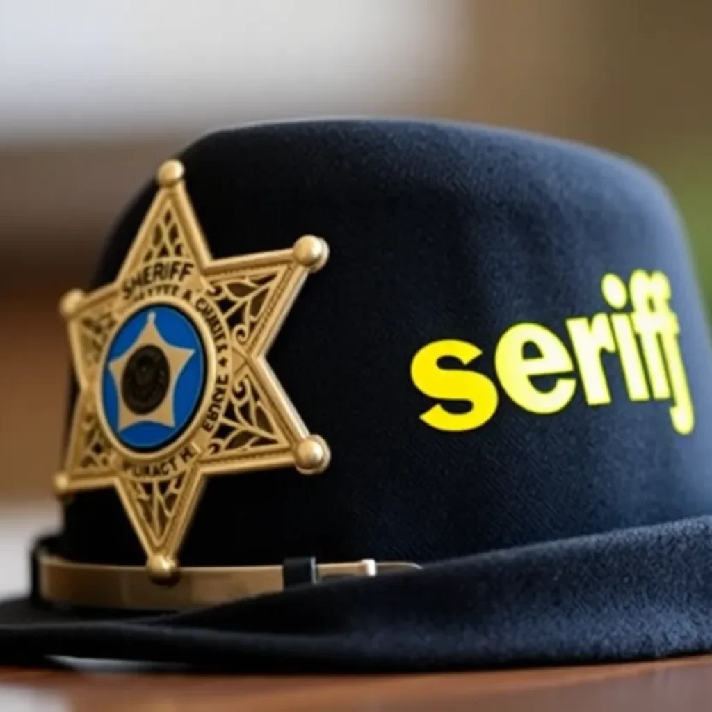 A sheriff's badge and a black hat with 'sheriff' written on it.