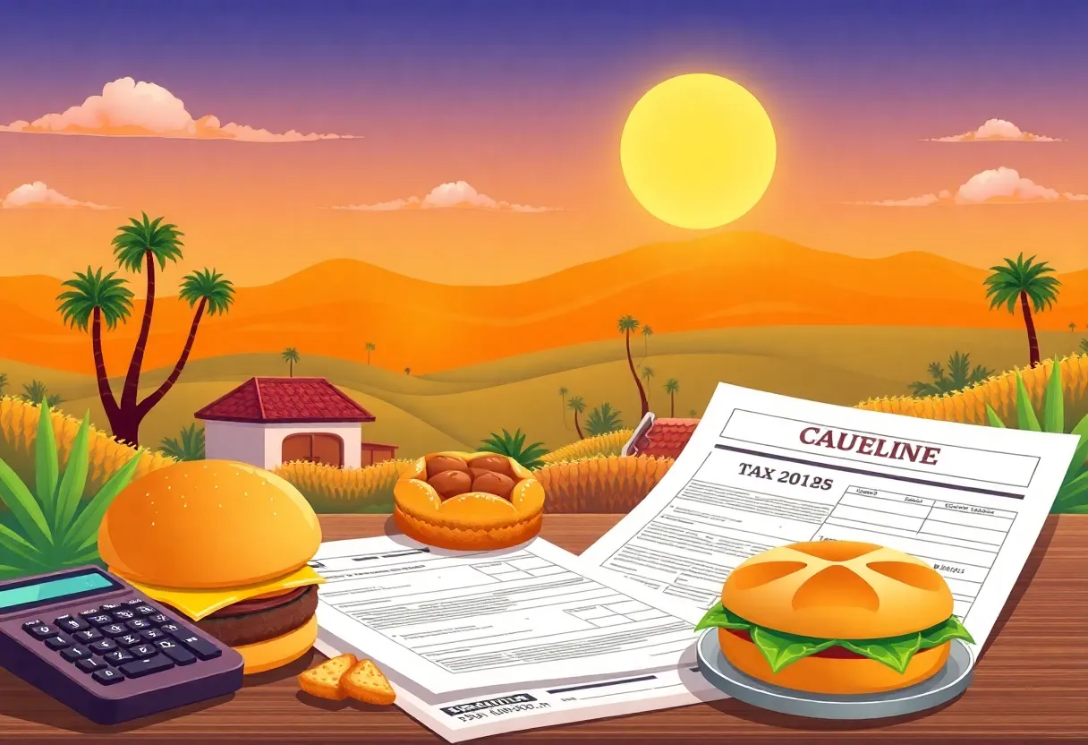 Tax Day relief in California with a calculator, documents, and food items.