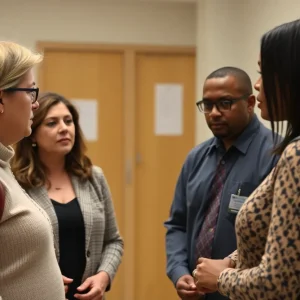 A parent discussing student safety with school staff.