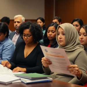 Diverse individuals in a courtroom discussing immigration concerns