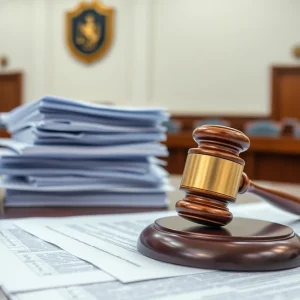 Courtroom setting with legal documents and gavel