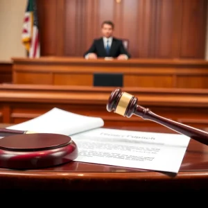 A courtroom with legal documents representing a defamation case