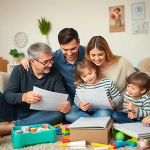 A family discussing budgeting while surrounded by children's belongings