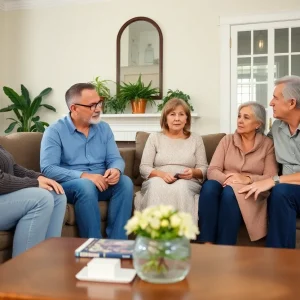 Family in a living room discussing phone scams
