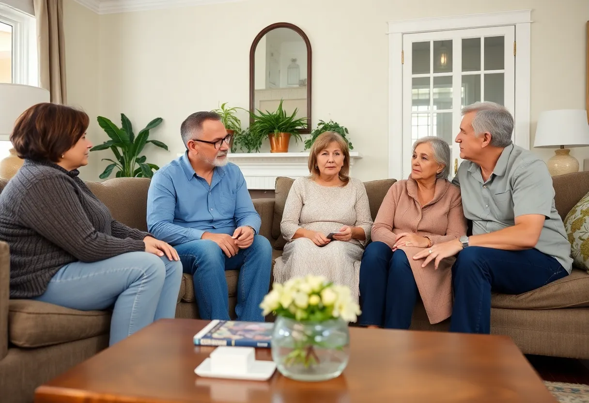 Family in a living room discussing phone scams