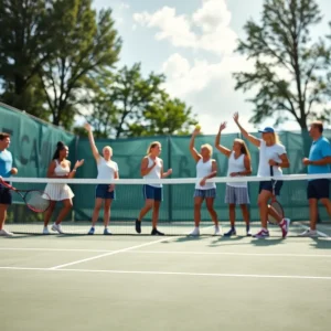 Fort Valley women's tennis team celebrating after winning a match