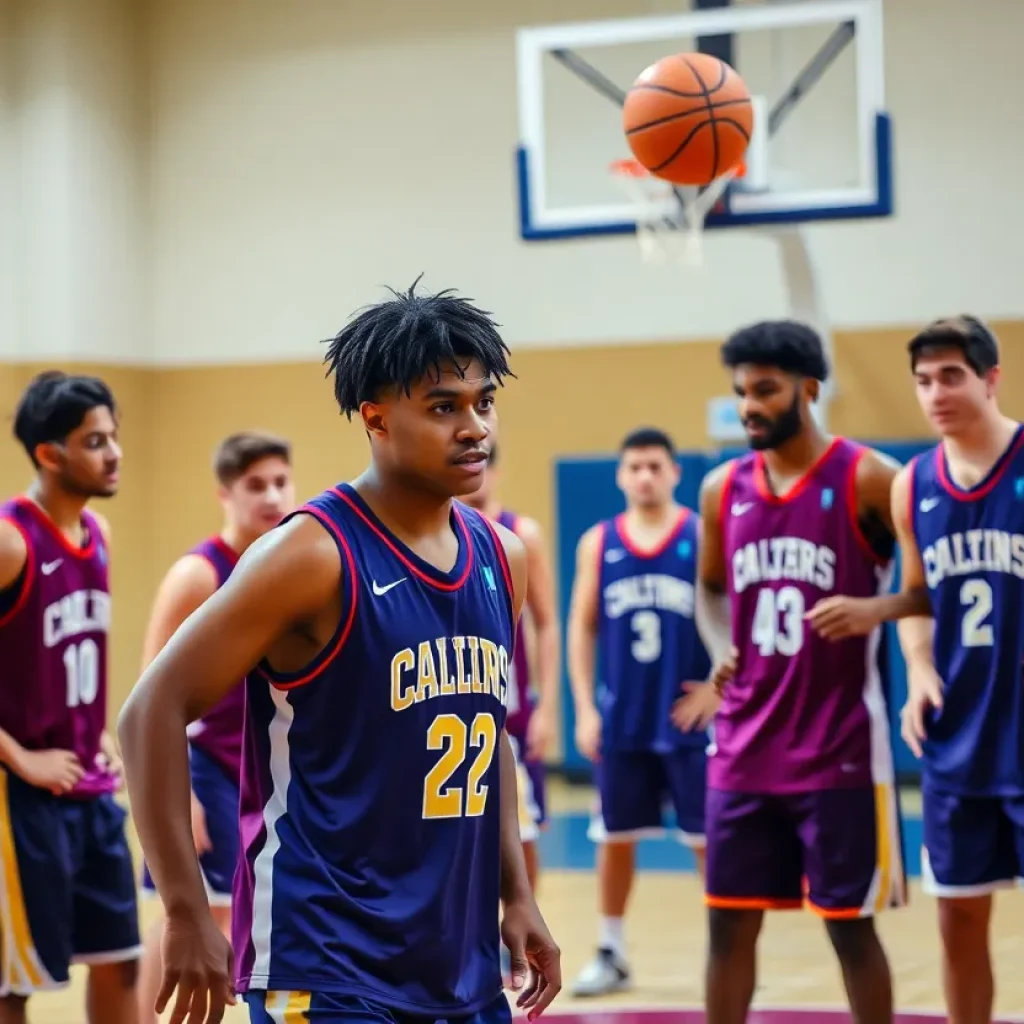 Collegiate basketball team practicing on court
