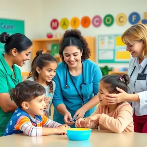 Child care professionals supporting young learners in a classroom