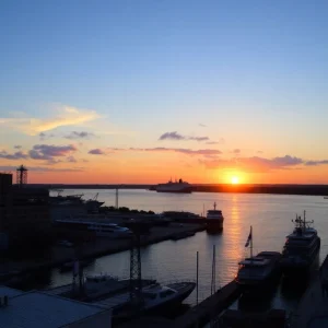 Sunset over the Port of Savannah highlighting economic activity.