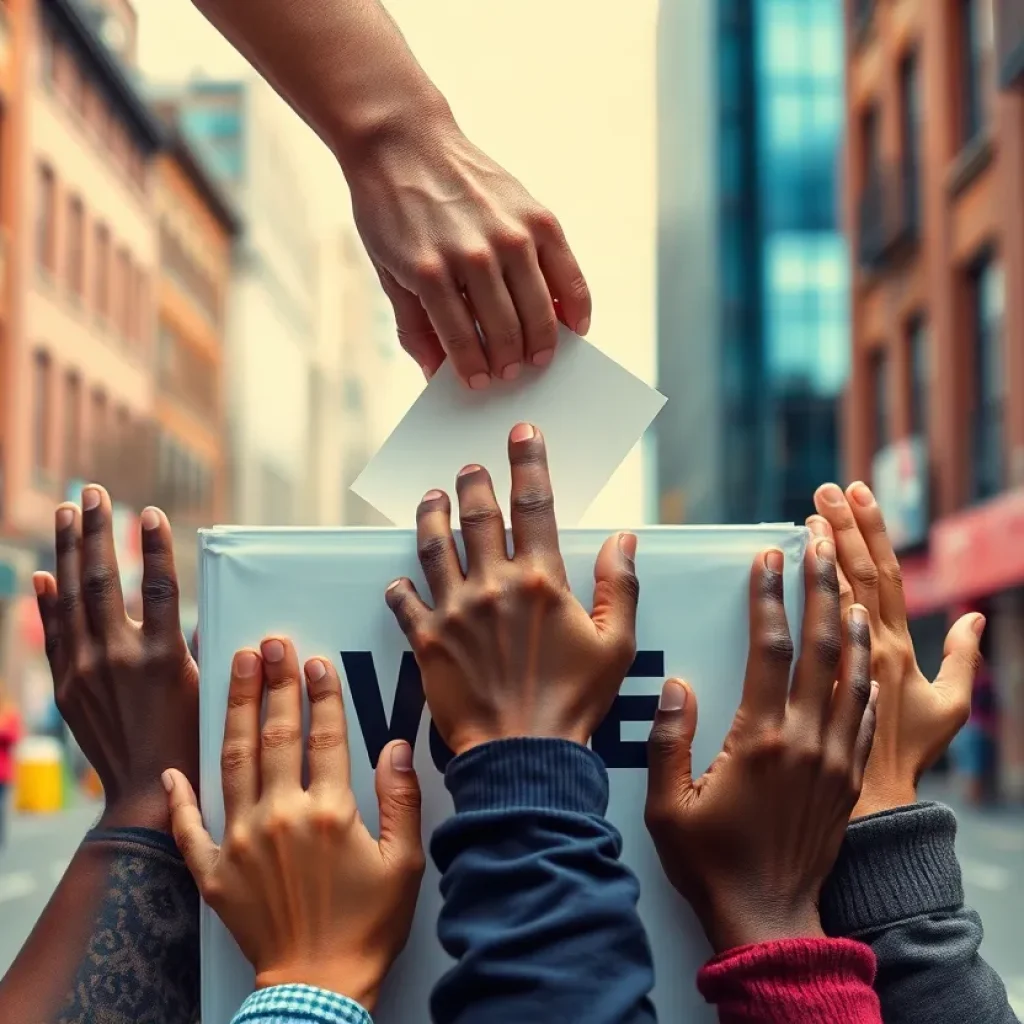 Diverse hands reaching for a ballot box symbolizing voting rights