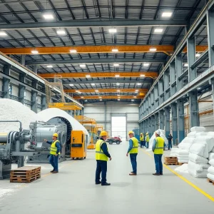 Modern gypsum production facility showing machinery and teamwork