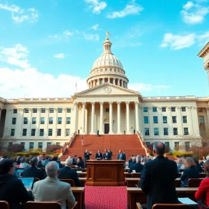 The Georgia State Capitol building with people engaged in legislative activities.