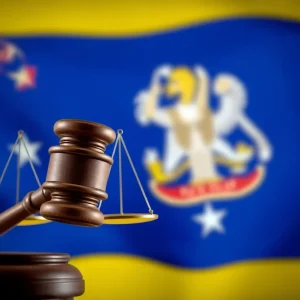 Illustration of a gavel and scales of justice with the Georgia state flag.