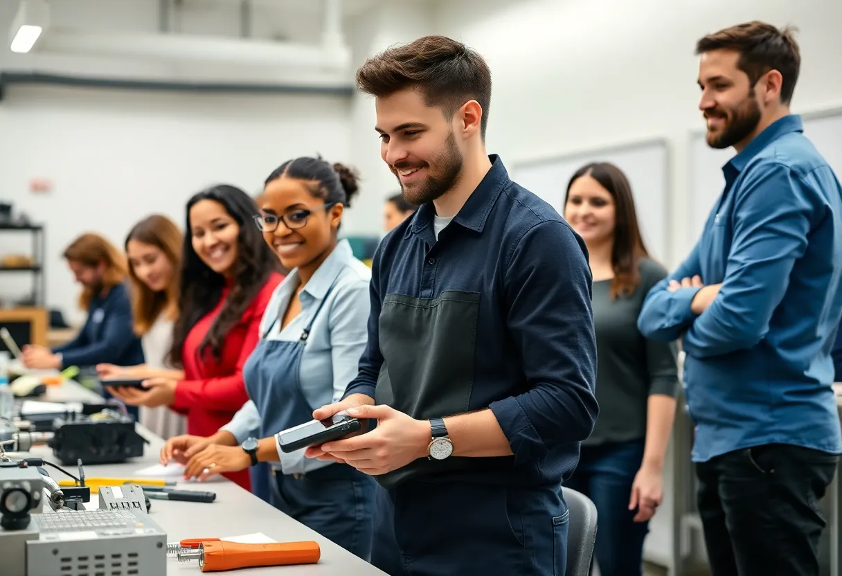Diverse vocational training students in a classroom setting.