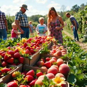 Families picking fruits at a Georgia farm during spring