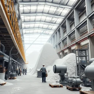 Gypsum mill production with workers and machinery.