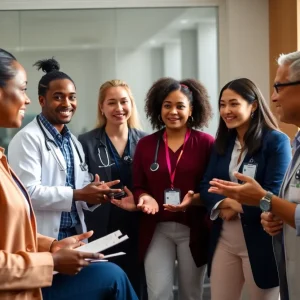 A diverse team of healthcare professionals collaborating over a patient care strategy.