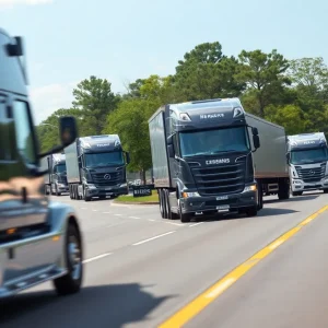 Fleet of hydrogen-powered trucks on the road in Savannah, Georgia