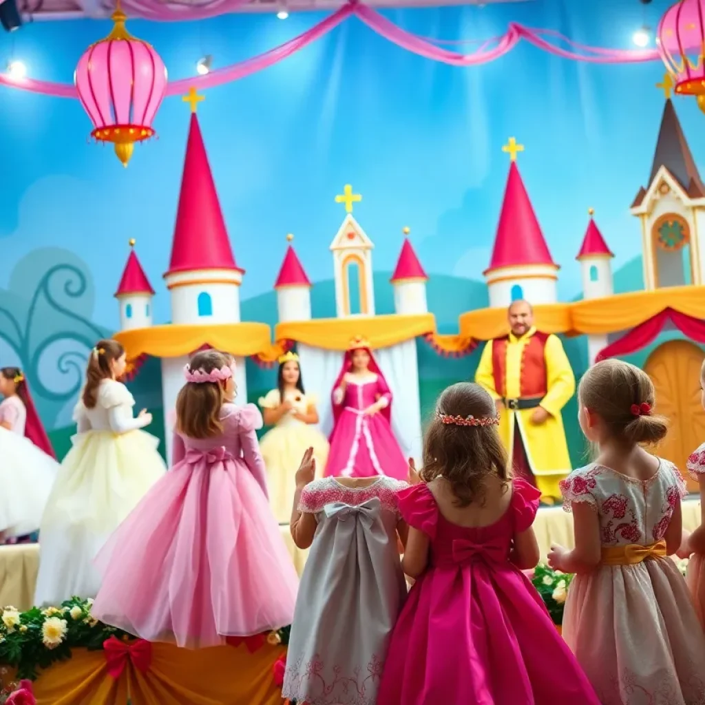Children enjoying the Itsy Bitsy Princess Party with fairy tale characters performing on stage.