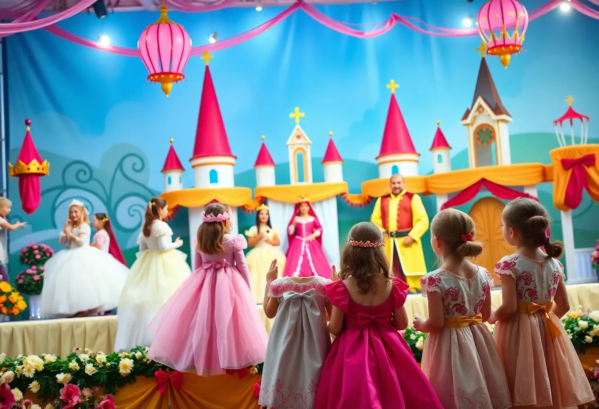 Children enjoying the Itsy Bitsy Princess Party with fairy tale characters performing on stage.