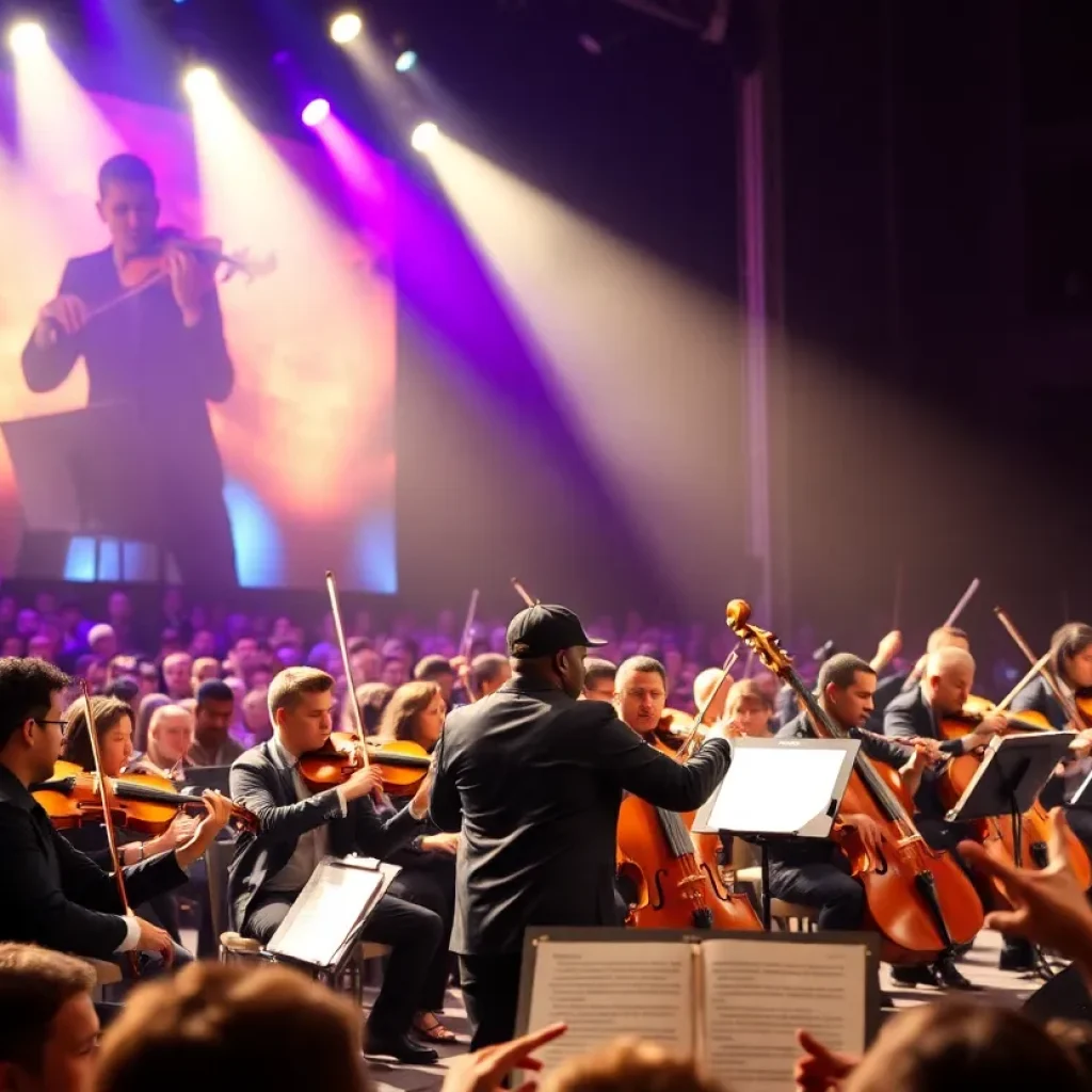 Concert scene featuring a symphony orchestra and hip hop artists