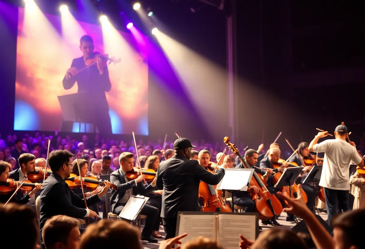 Concert scene featuring a symphony orchestra and hip hop artists