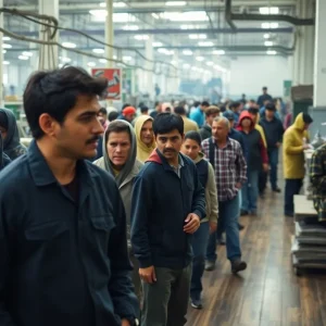 Workers in a flooring manufacturing plant showing signs of labor exploitation.