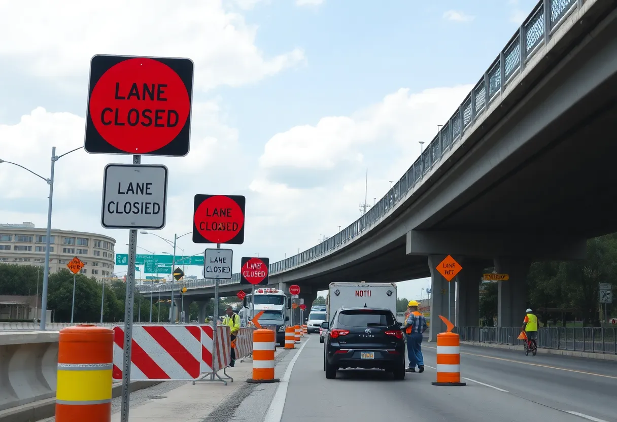 Construction signs indicating lane closures on an urban road in Savannah.