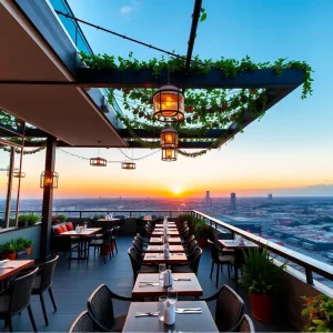 Panoramic view from Lavender rooftop restaurant in Savannah, showcasing the cityscape and the Savannah River.