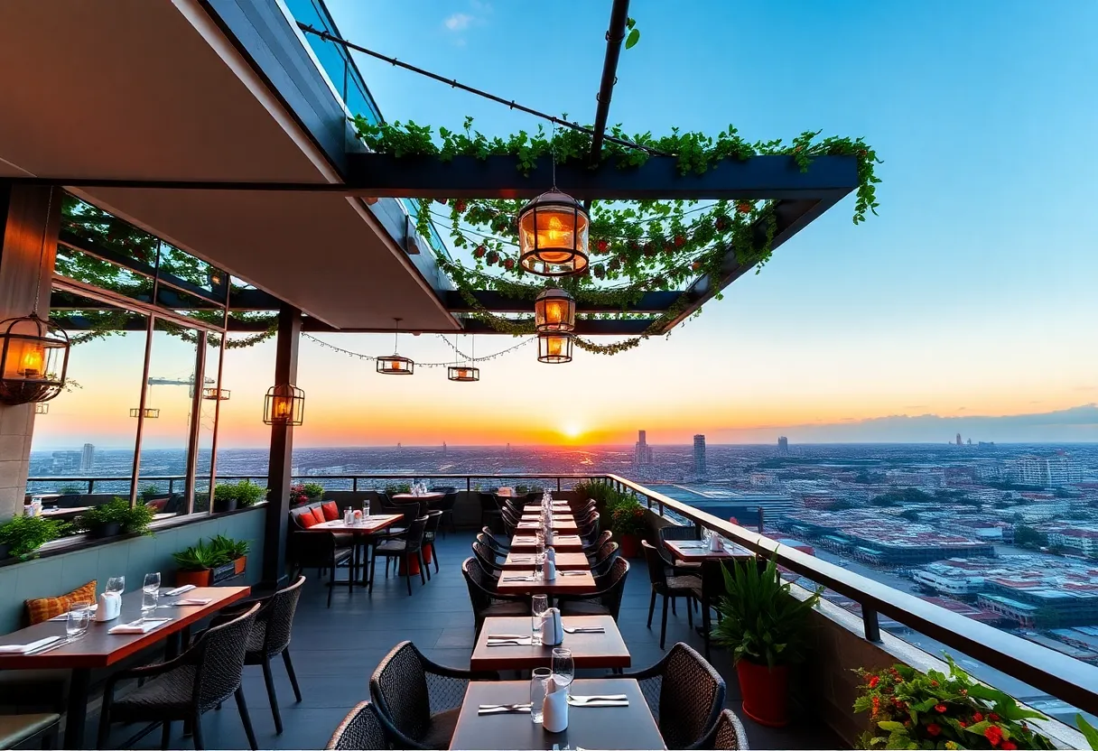 Panoramic view from Lavender rooftop restaurant in Savannah, showcasing the cityscape and the Savannah River.