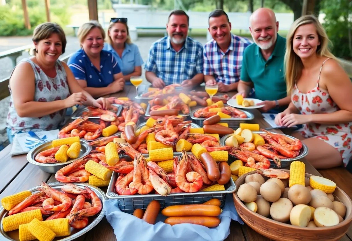 Outdoor gathering with Lowcountry Boil on picnic table