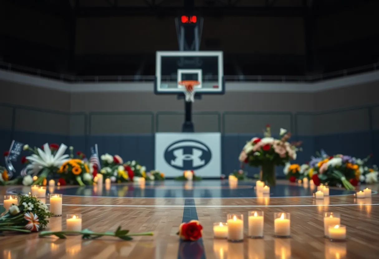 A basketball court with flowers and candles in memory of a deceased coach.