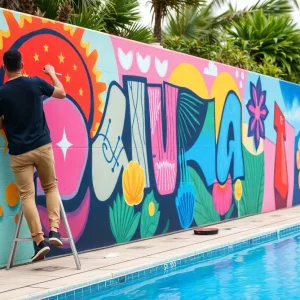 Artists painting a colorful mural near a pool at Kimpton Brice Hotel in Savannah